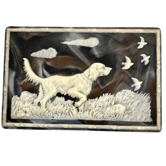 Vintage Incolay Stone Jewelry Box Hunting Dog Scene Pointer - Picture 1 of 16